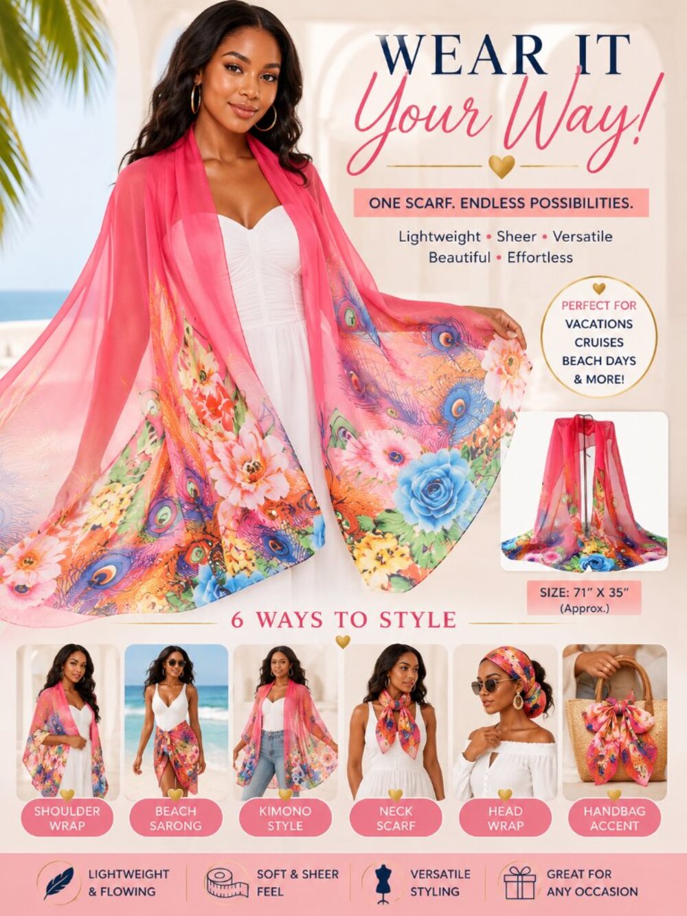 Passion of Essence Colorful Floral Sheer Scarf Shawl Beach Wrap Sarong 59”